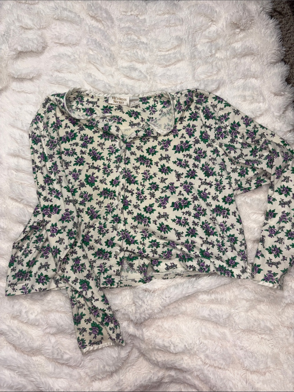 Vintage Victoria's Secret Cream Floral Long-Sleeve Tee with Purple & Green Print